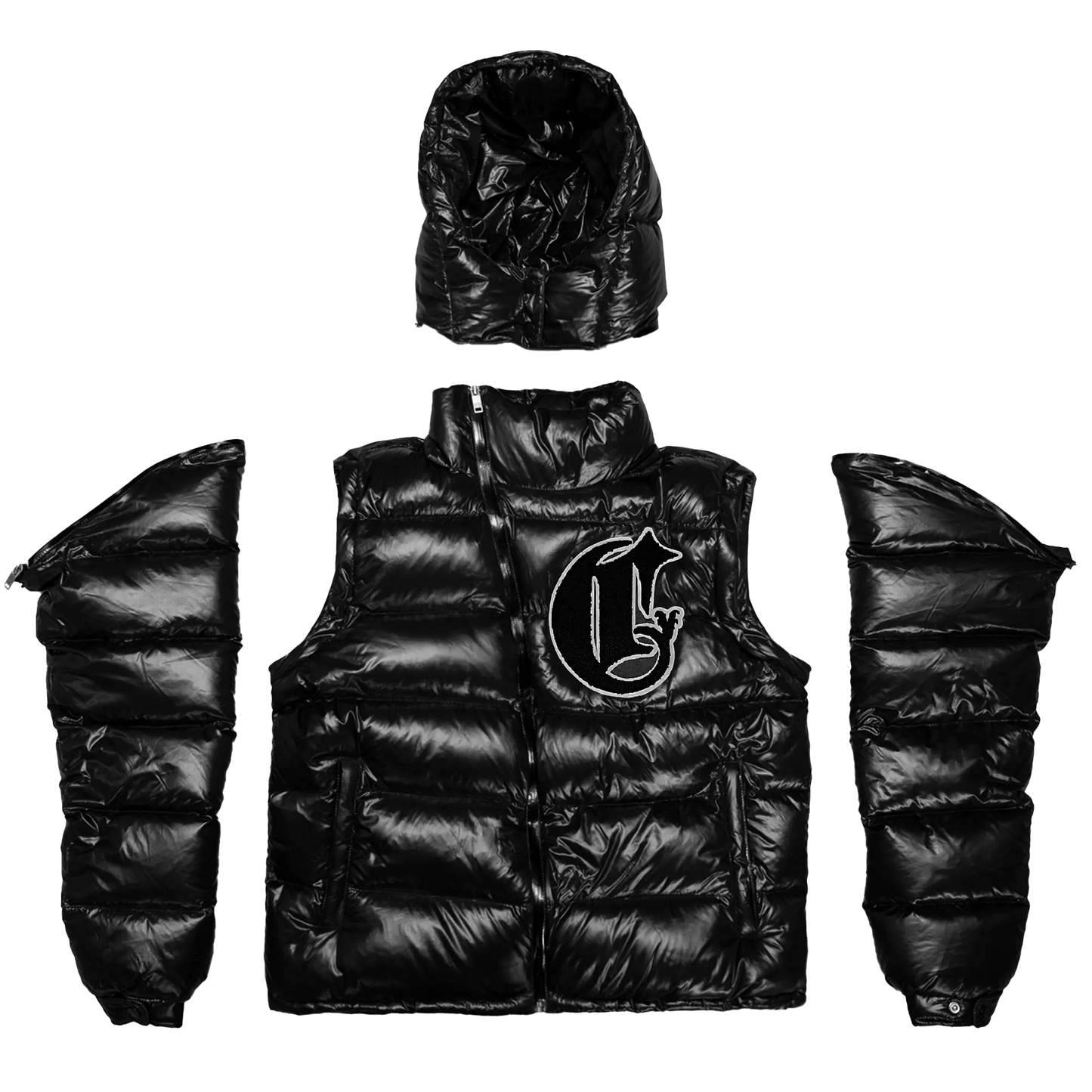Men’s black puffer jacket with removed arms and hood with down padding, water-resistant material, zippered pockets with a chenille patch perfect for all seasons