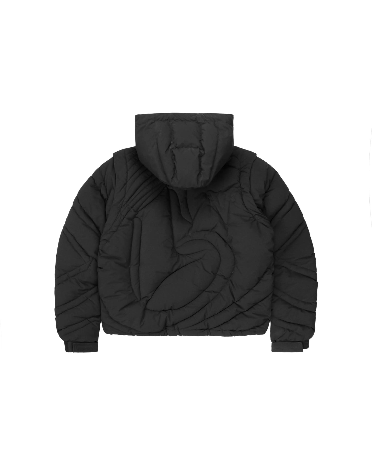 Back view of a black embossed puffer jacket showcasing a bold quilted pattern, detachable hood, and insulated design for cold-weather styling.