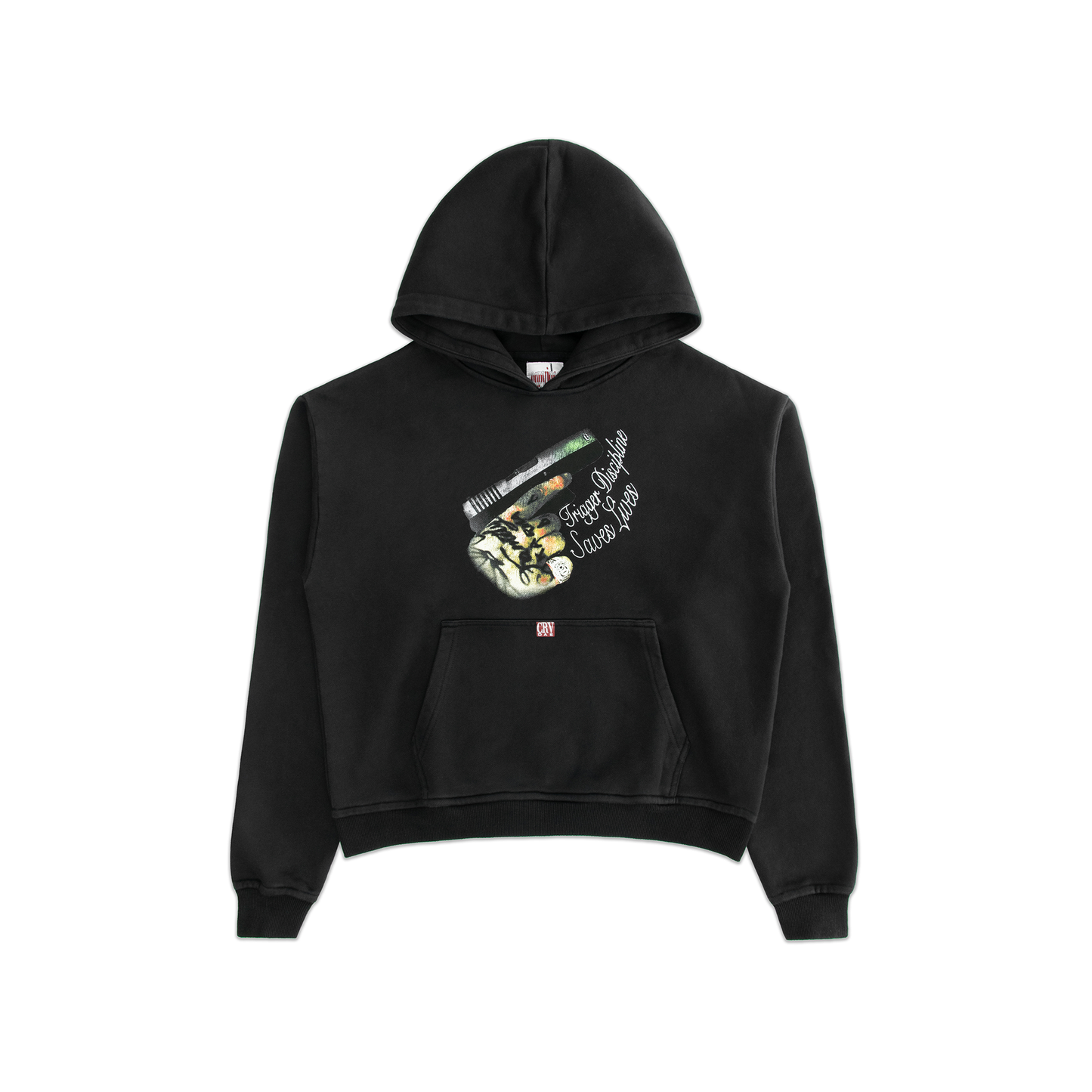 Front view of a black graphic hoodie featuring a “Trigger Discipline Saves Lives” text with a bold firearm illustration, designed for a modern streetwear look.