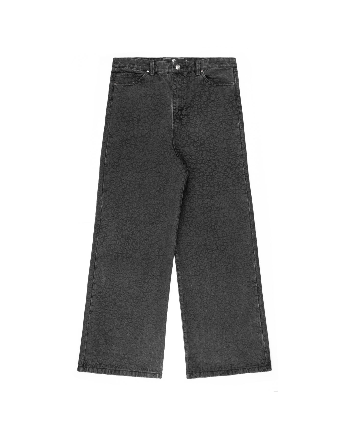 Black denim jeans with a subtle all-over leopard print pattern, featuring a high-waisted, wide-leg silhouette. The jeans include a classic five-pocket design, belt loops, and a branded metallic button closure.