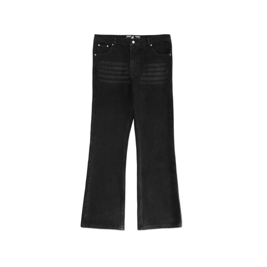 Black denim jeans with a bootcut flared fit, featuring light claw mark detailing on the thighs. The jeans have a classic front pocket look, belt loops, and metallic button and rivet accents