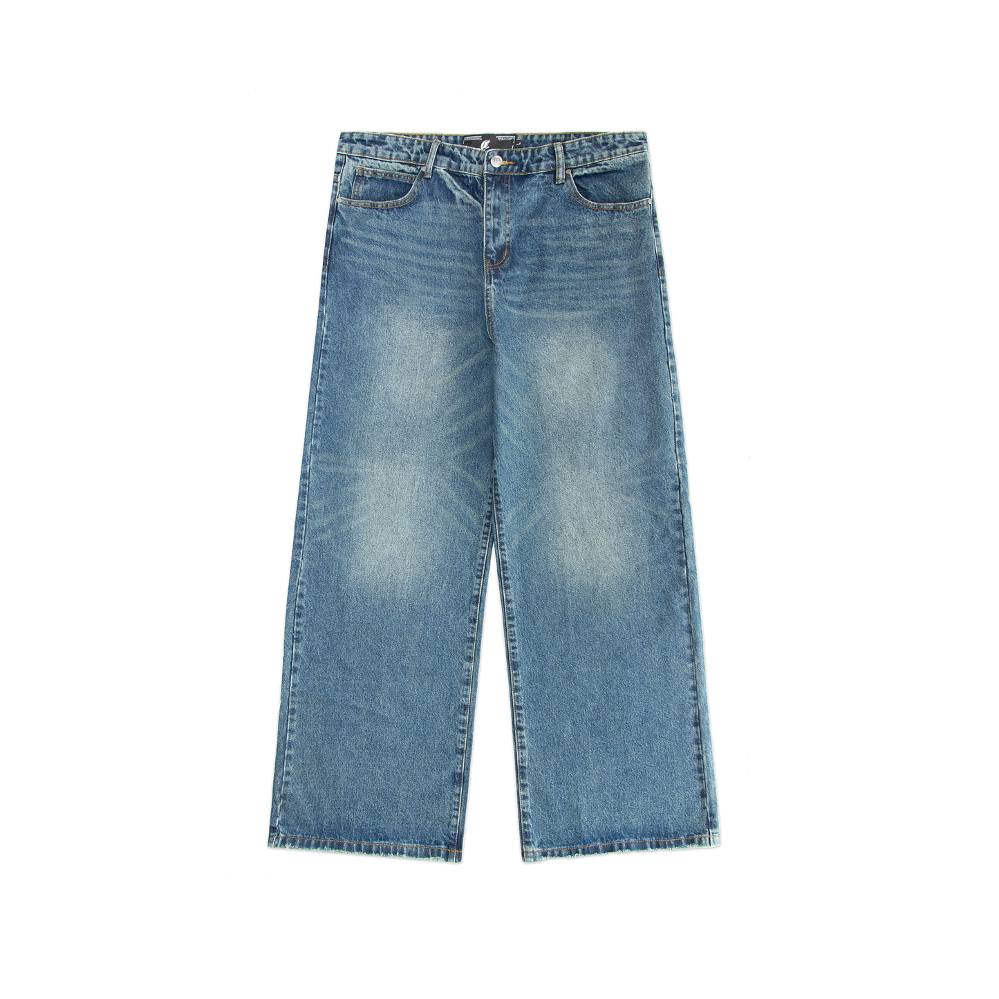 Blue washed out denim jeans, featuring 3 pockets on the front with light fading details on the jeans. Including distressing marks on the knee. 