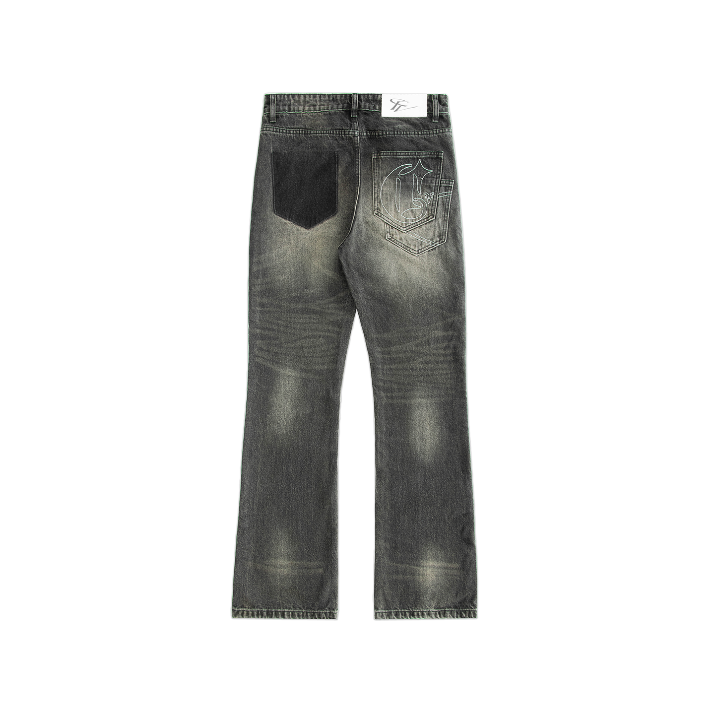 Faded grey denim jeans with bootcut fit, featuring a double pocket detail on the back alongside a missing pocket detail The jeans have belt loops, and metallic button and rivet accents. 