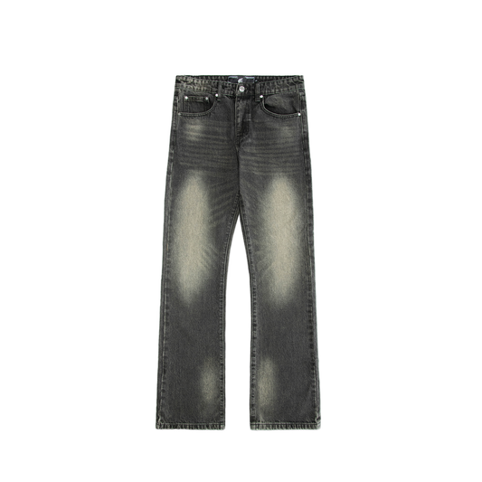 Faded grey denim jeans with a bootcut flared fit. The Jeans have a classic five-pocket design, belt loops, and metallic button and rivet accents. 