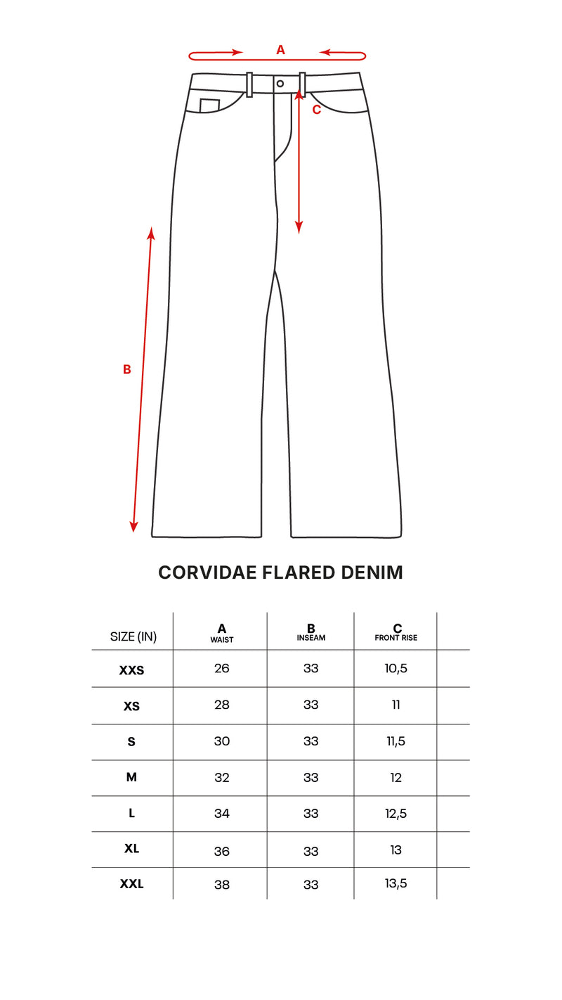 HEAVY BLACK FLARED DENIM size chart