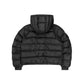 The back of a men’s black puffer jacket with insulated padding, water-resistant exterior, and zippered pockets, perfect for winter weather