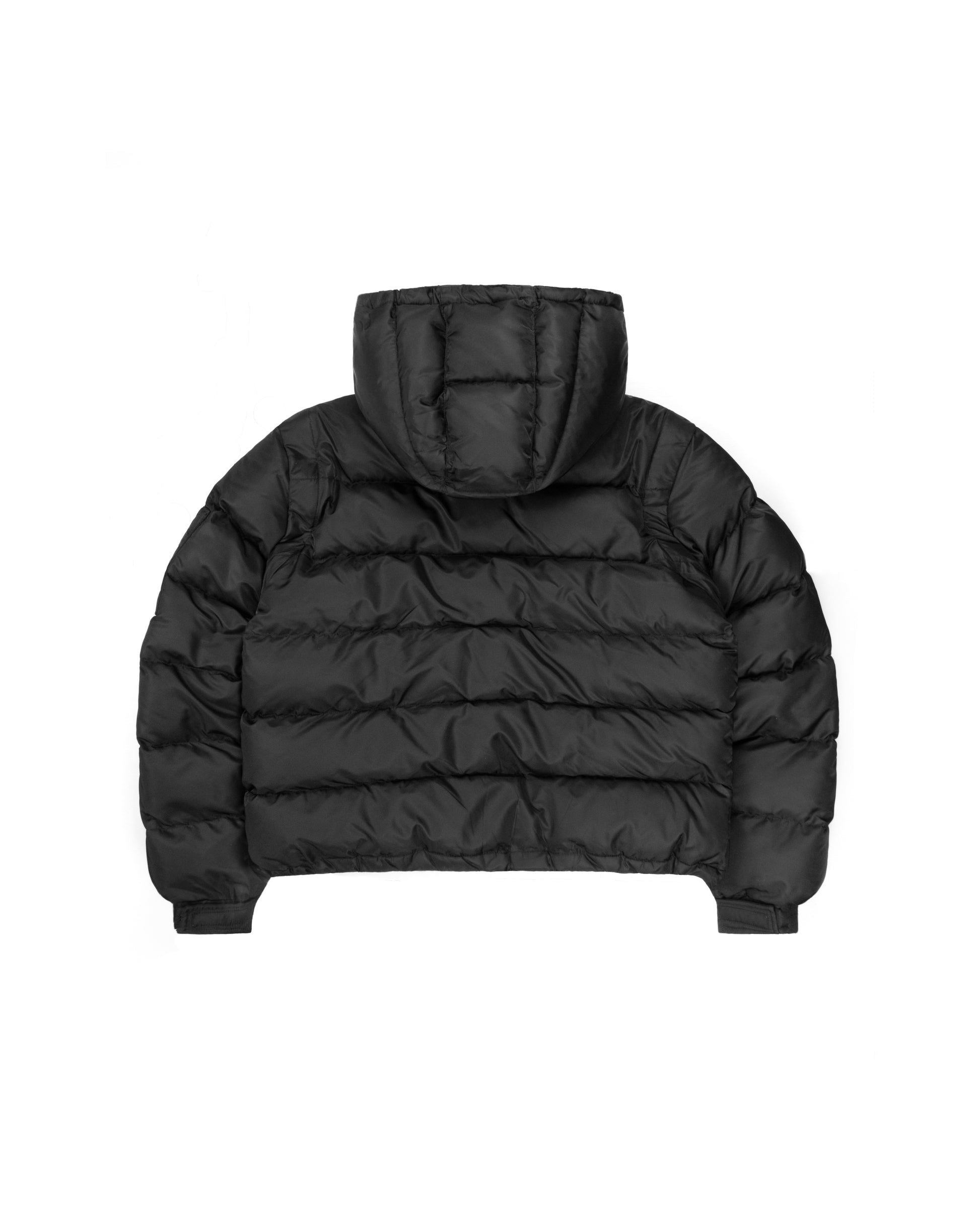 The back of a men’s black puffer jacket with insulated padding, water-resistant exterior, and zippered pockets, perfect for winter weather