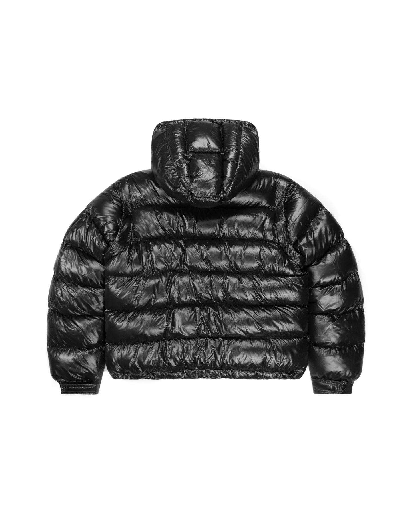 The back of a black puffer jacket with insulated down, water-resistant exterior, and zippered pockets, with a thick hood, perfect for winter weather