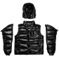Men’s black puffer jacket with removed arms and hood with down padding, water-resistant material,  zippered pockets with a chenille patch perfect for all seasons