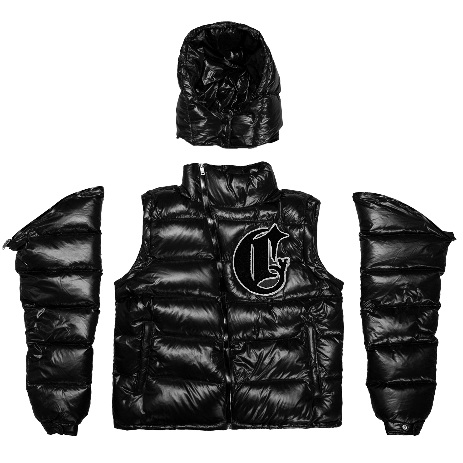 Men’s black puffer jacket with removed arms and hood with down padding, water-resistant material,  zippered pockets with a chenille patch perfect for all seasons