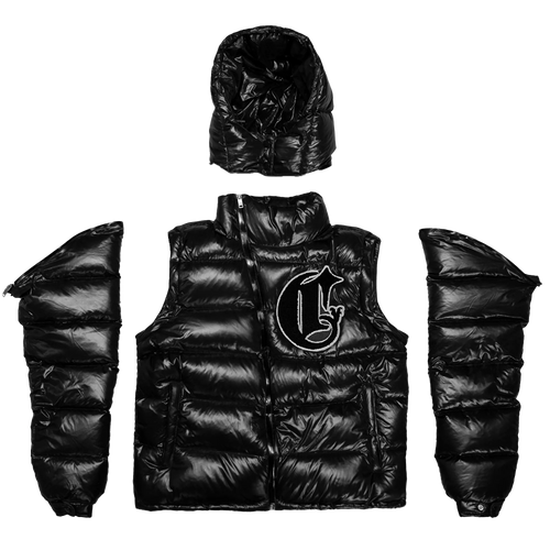 Men’s black puffer jacket with removed arms and hood with down padding, water-resistant material,  zippered pockets with a chenille patch perfect for all seasons