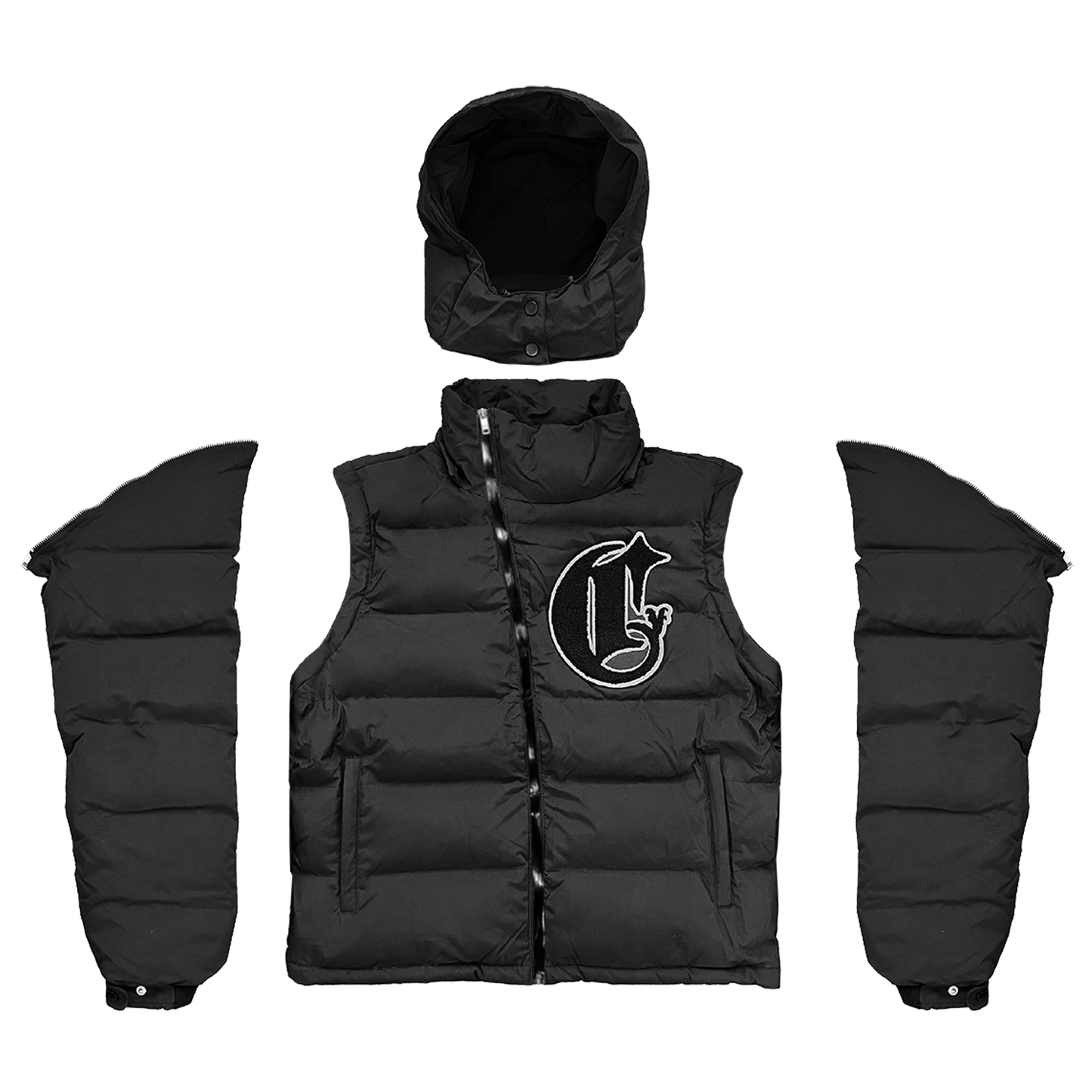 Men’s black detachable puffer with insulated padding, water-resistant material with removable arms and hood, perfect for all seasons