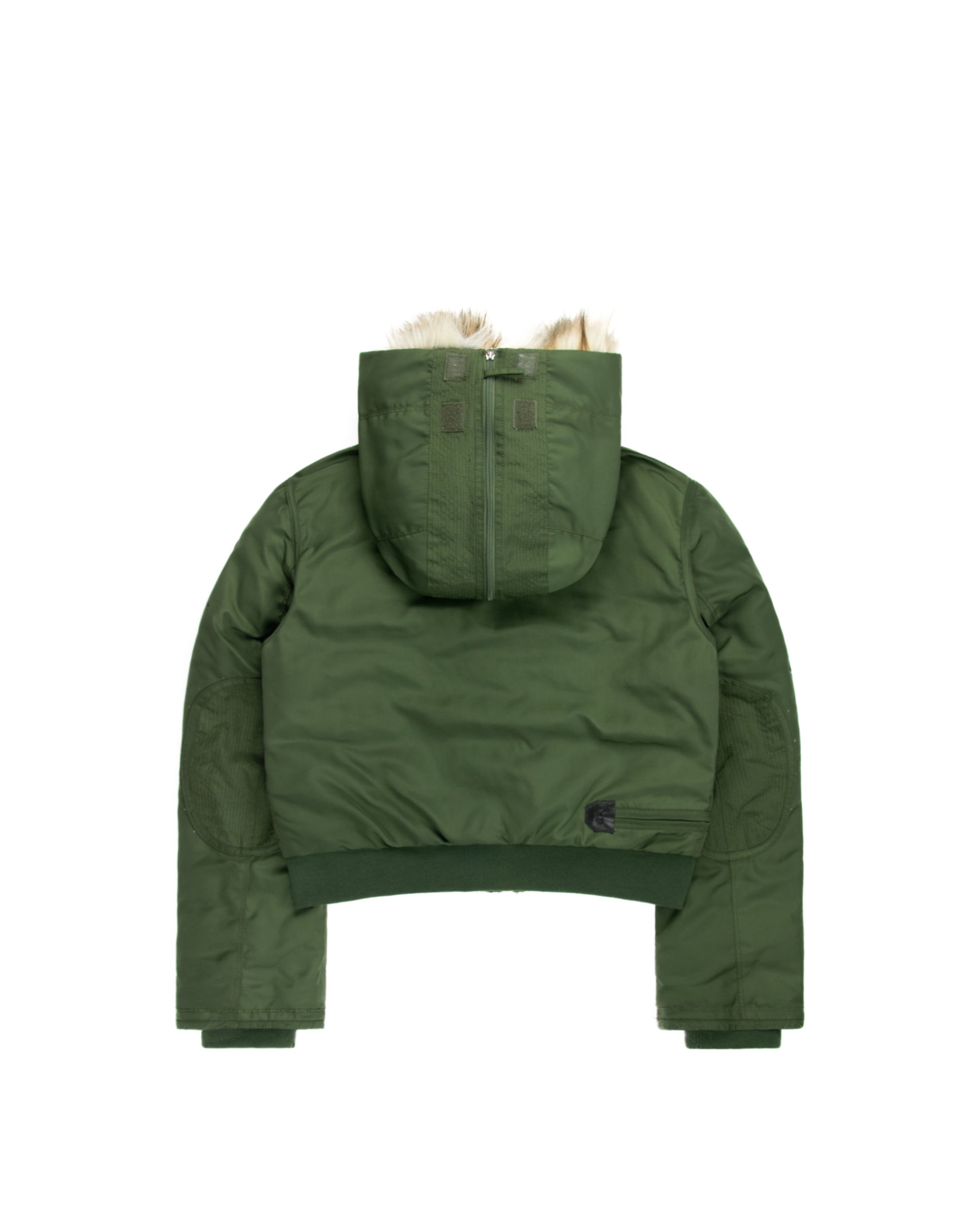 Back view of men’s khaki green winter jacket with fur-lined detachable hood, durable fabric, and ribbed hem for a snug fit, perfect for outdoor wear.