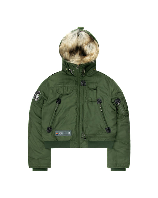 Men’s khaki green winter jacket with fur-lined hood, front zipper closure, multiple utility pockets, and durable material for outdoor wear.