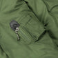 Close-up of men’s khaki green jacket sleeve featuring a zippered pocket with metal pull tab and stitched detail, highlighting functional design.