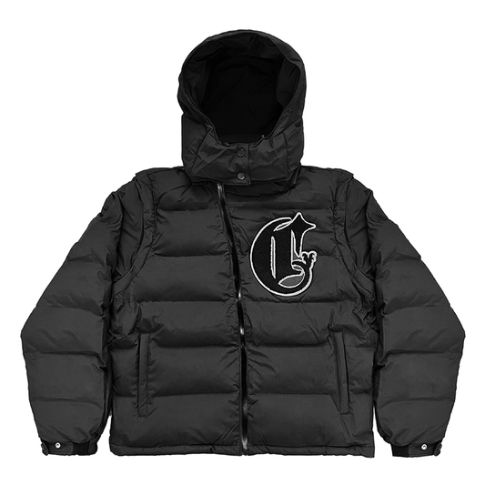 Men’s black puffer jacket with insulated padding, water-resistant material  and zippered pockets, great for winter weather