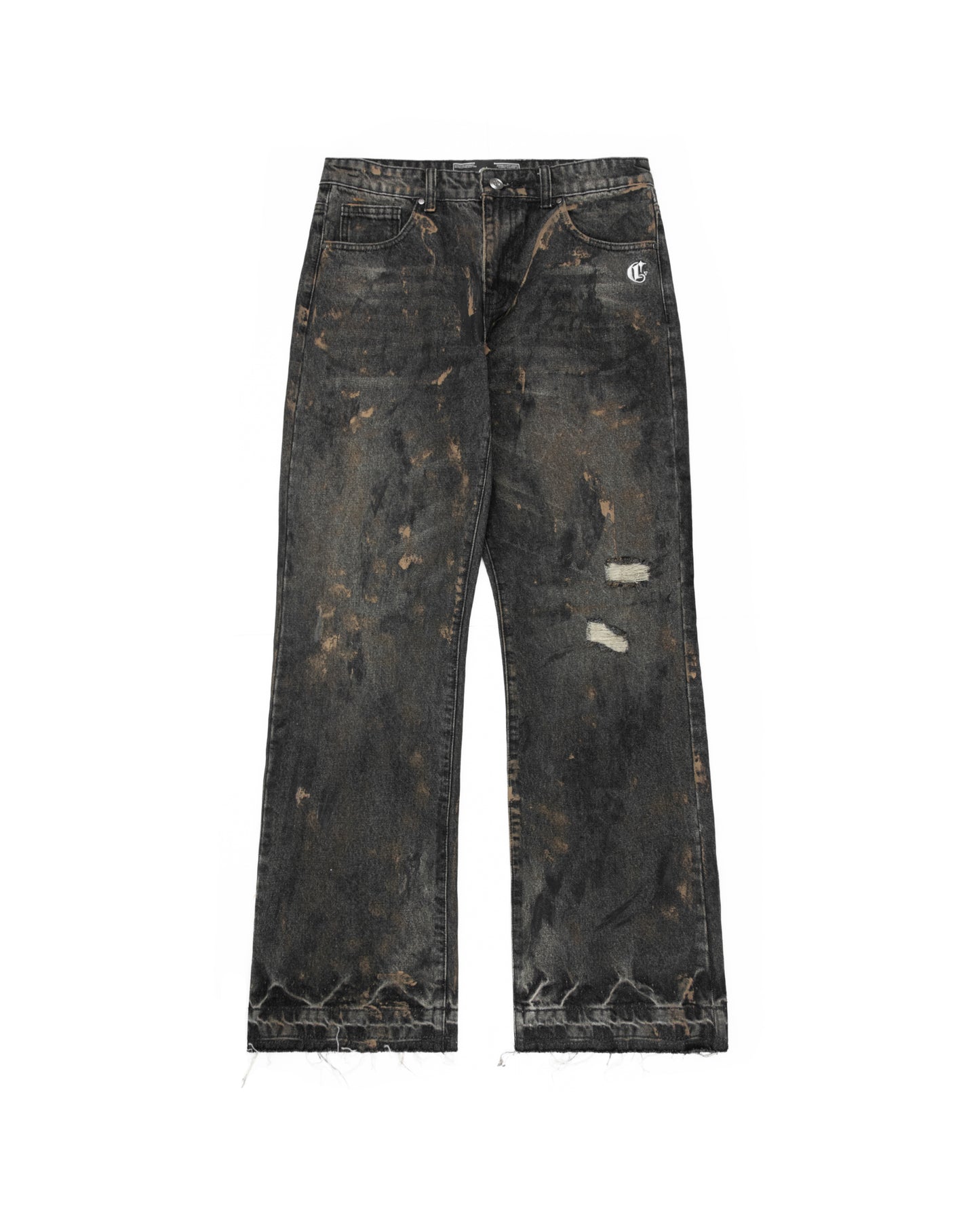 Distressed black denim jeans with a relaxed, bootcut fit. The jeans feature a heavily worn aesthetic, including brown splatter-style detailing, ripped patches on the right leg, and frayed hems. A small embroidered logo is visible on the right pocket.