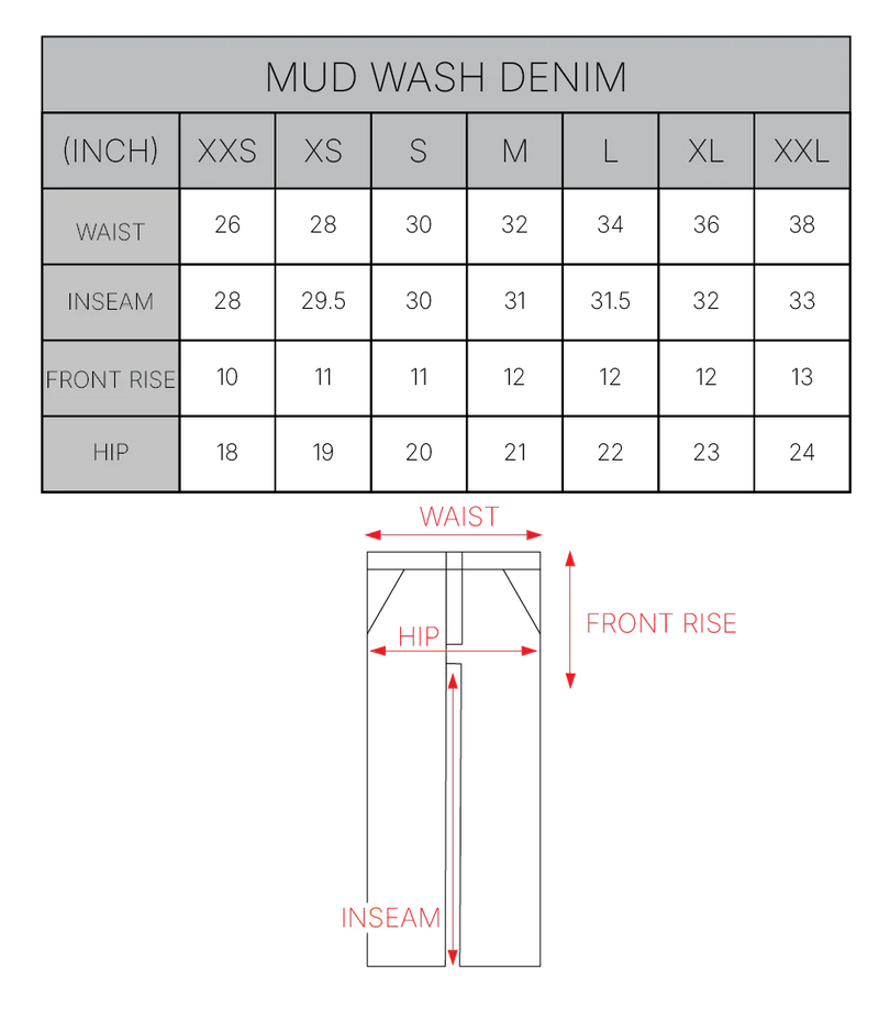 Mud-Wash Flared Denim size chart