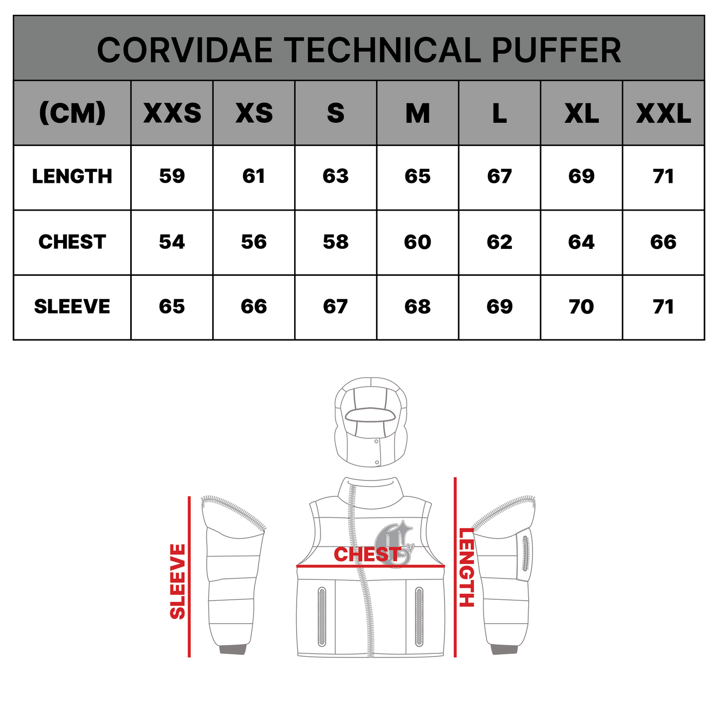 Size chart for a puffer down jacket 