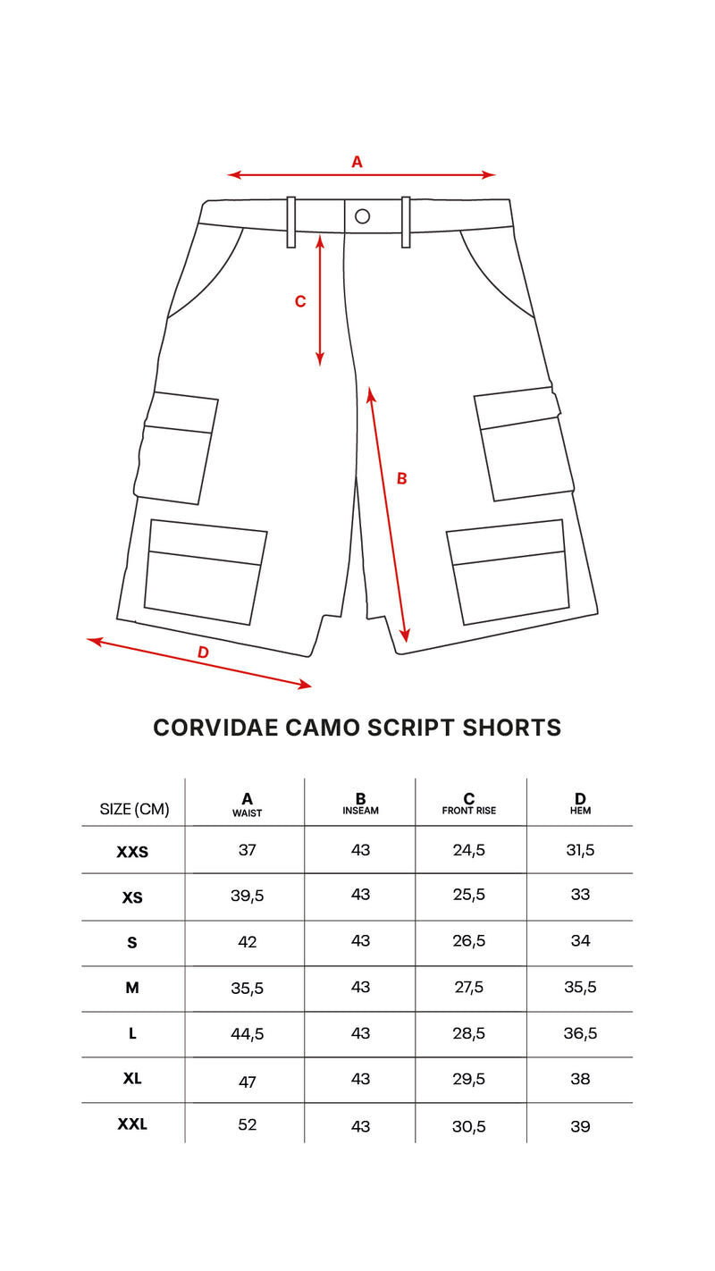 Camo Script Shorts size chart