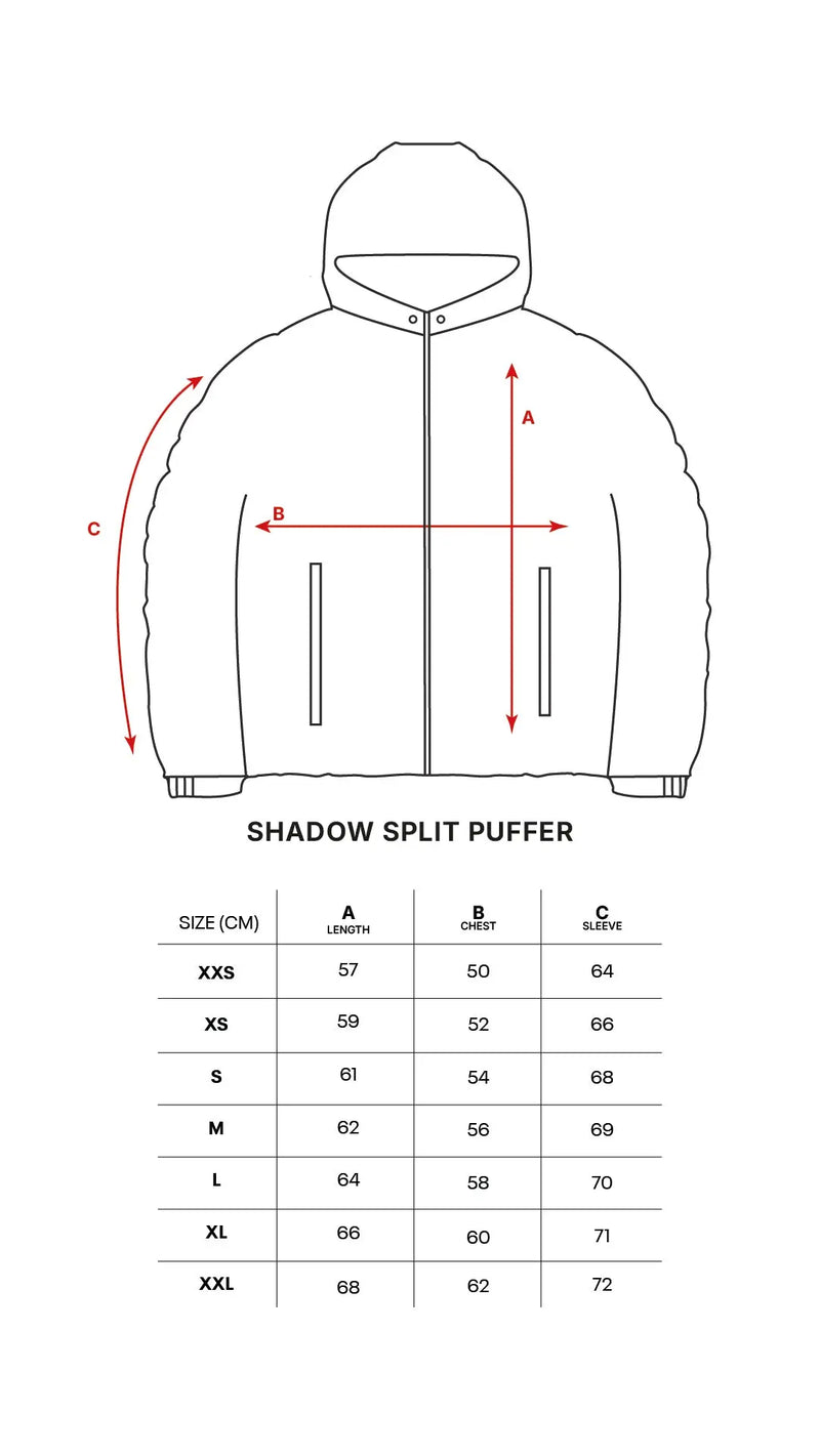 SHADOW GREY SPLIT PUFFER size chart