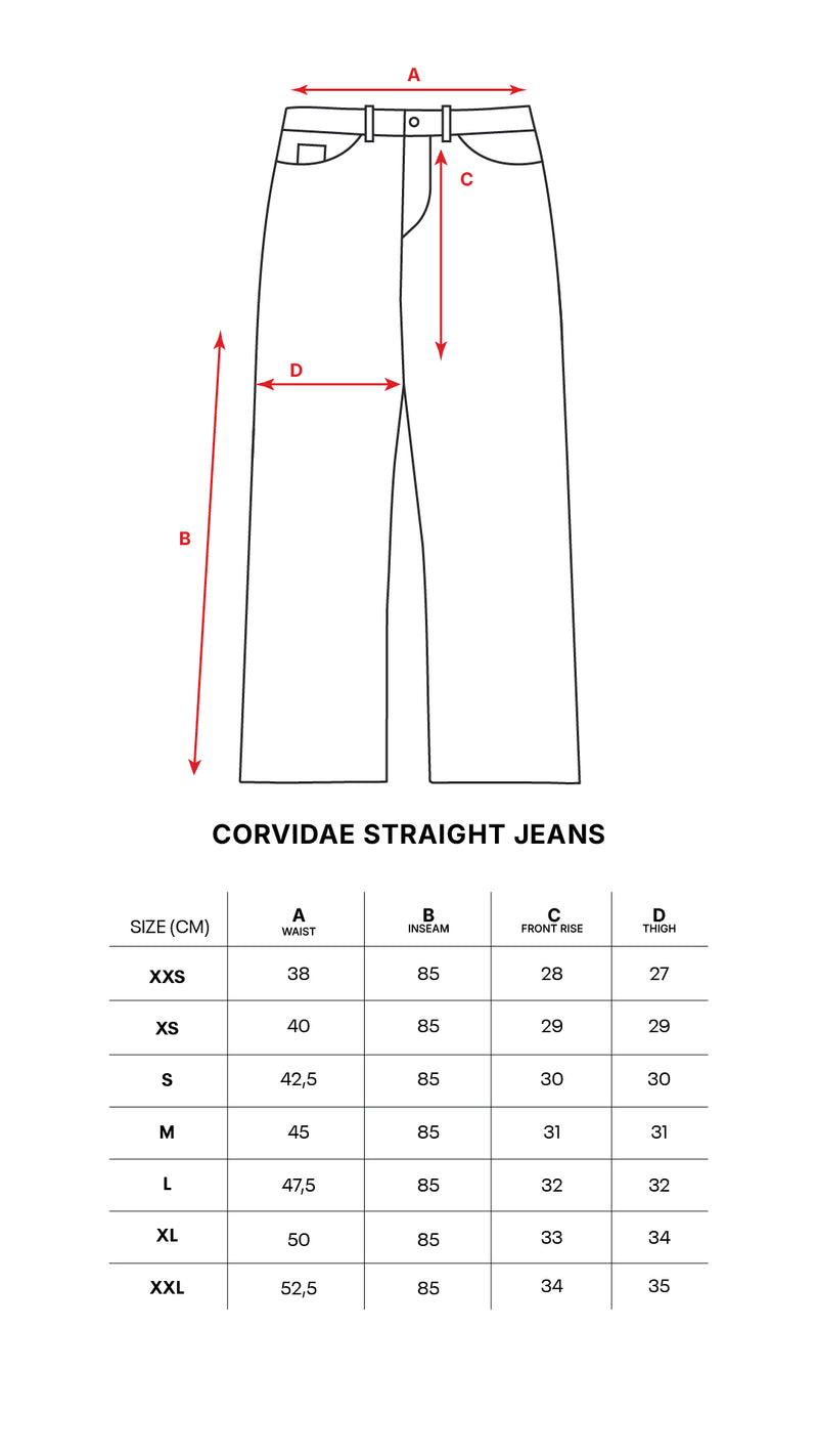 RAW DENIM STRAIGHT LEG JEANS size chart