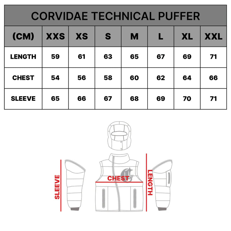 Shiny Black Technical Puffer size chart