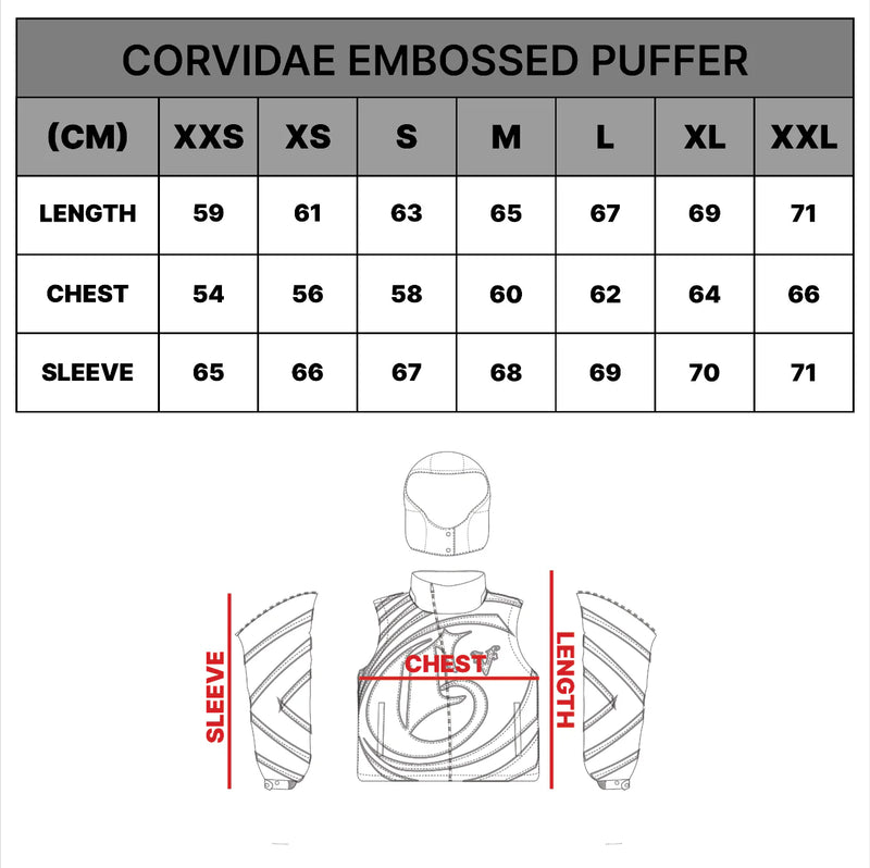 Shiny White Embossed Puffer size chart