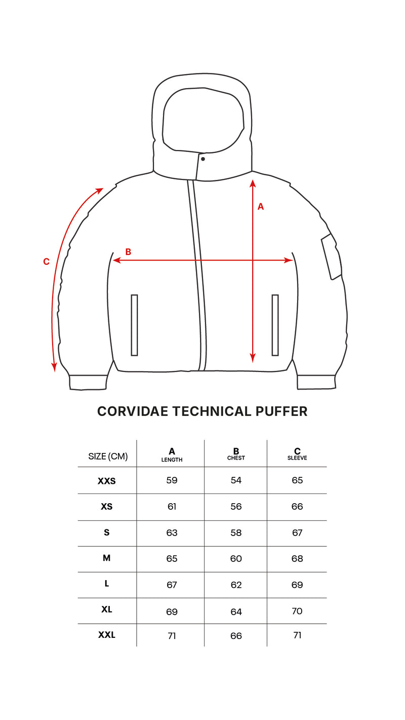Matte Black Technical Puffer size chart