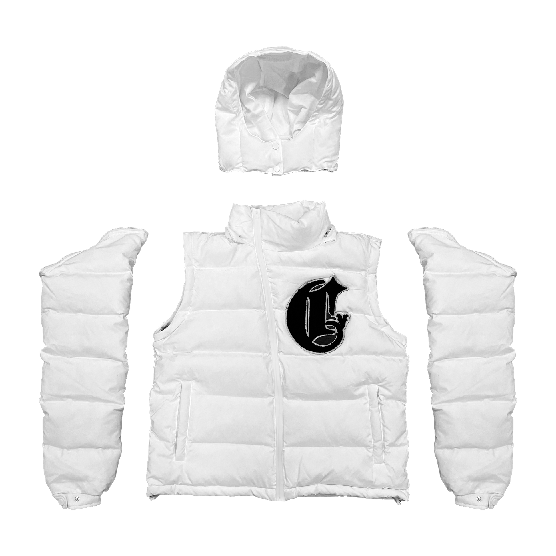 Men’s white detachable puffer jacket with insulated down, water-resistant material, and zippered pockets, perfect for winter weather