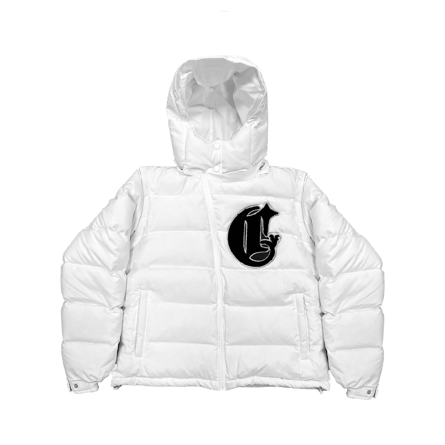 Men’s white puffer jacket with insulated padding, water-resistant exterior and zips, alongside zippered pockets, perfect for winter weather