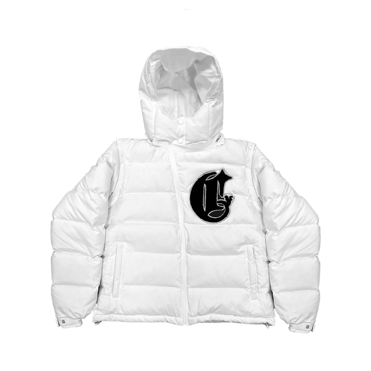 Men’s white puffer jacket with insulated padding, water-resistant exterior and zips, alongside zippered pockets, perfect for winter weather