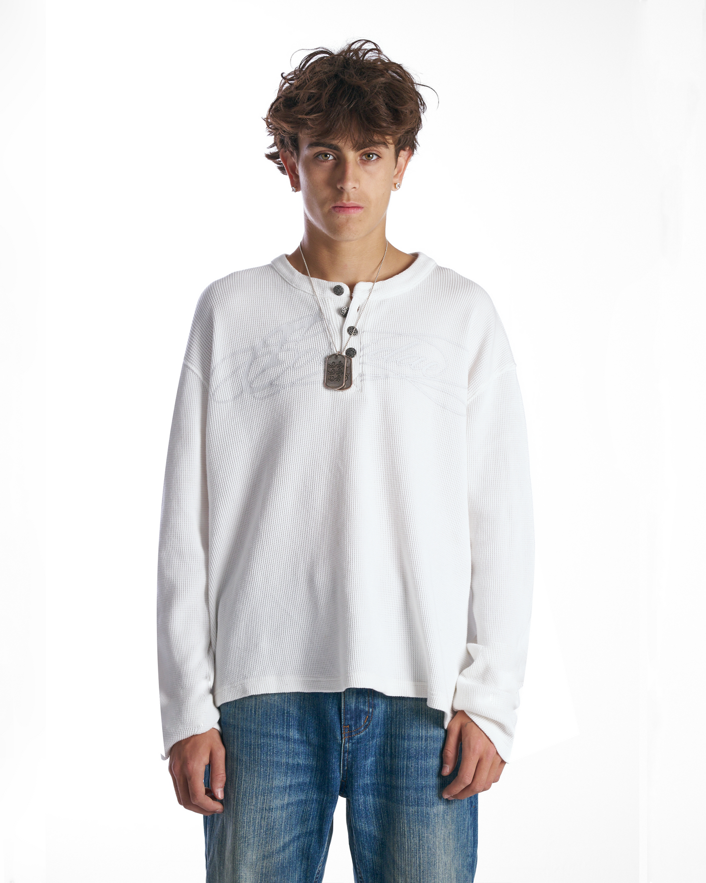 White Script Henley Waffle
