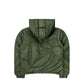 Back view of green embossed puffer jacket with a detachable hood, showcasing a unique quilted pattern and lightweight design for cold weather.