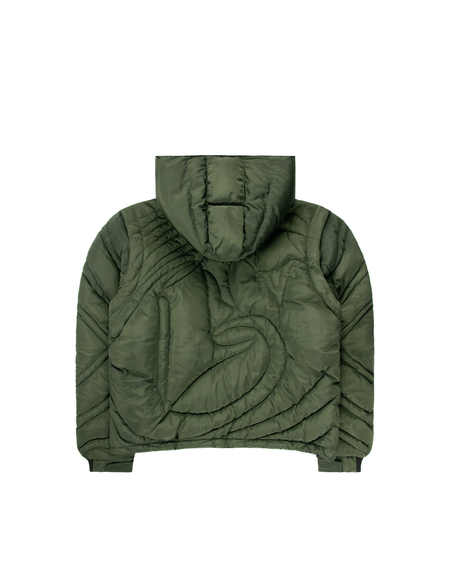 Back view of green embossed puffer jacket with a detachable hood, showcasing a unique quilted pattern and lightweight design for cold weather.