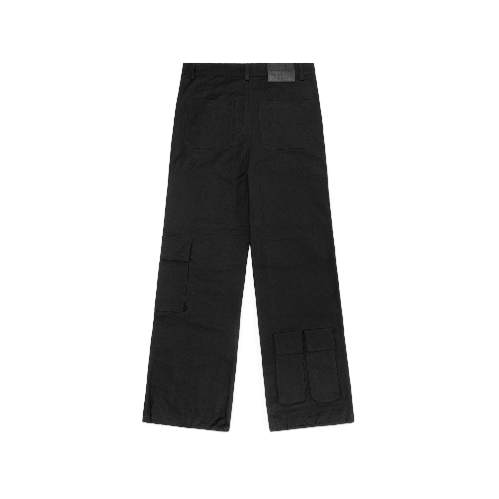 Back view of black cargo pants showcasing a clean design with rear pockets, straight-leg fit, and a durable construction for everyday wear.