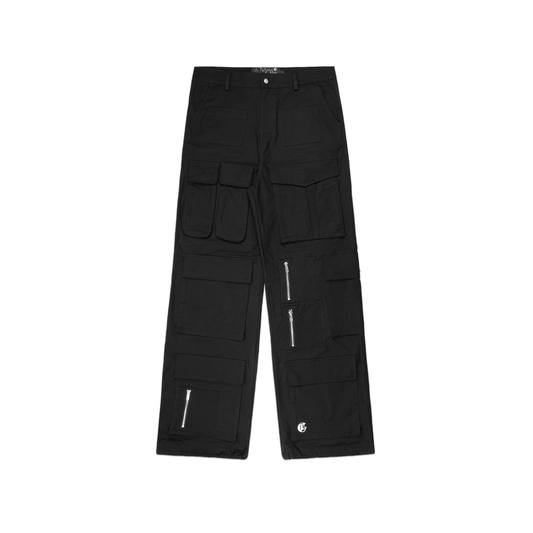 Front view of black cargo pants featuring multiple utility pockets, zippered accents, and a straight-leg design for a functional and stylish look.