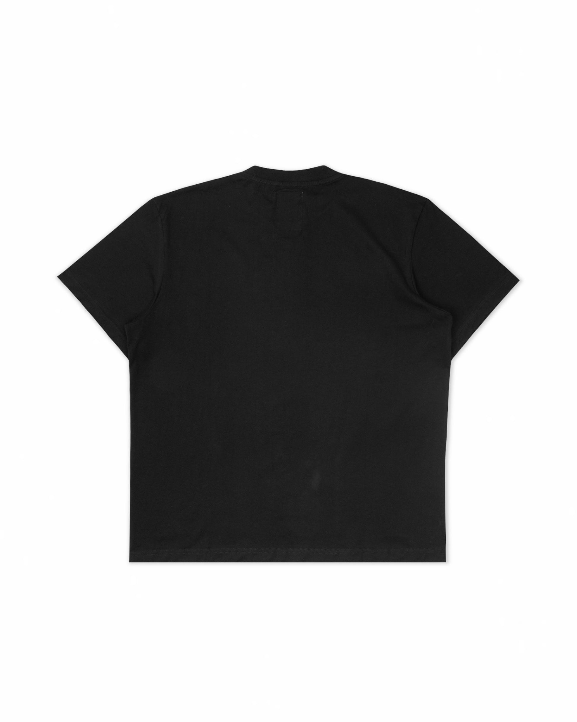 Back view of a black cotton T-shirt showcasing a clean, minimal design with a plain black surface.