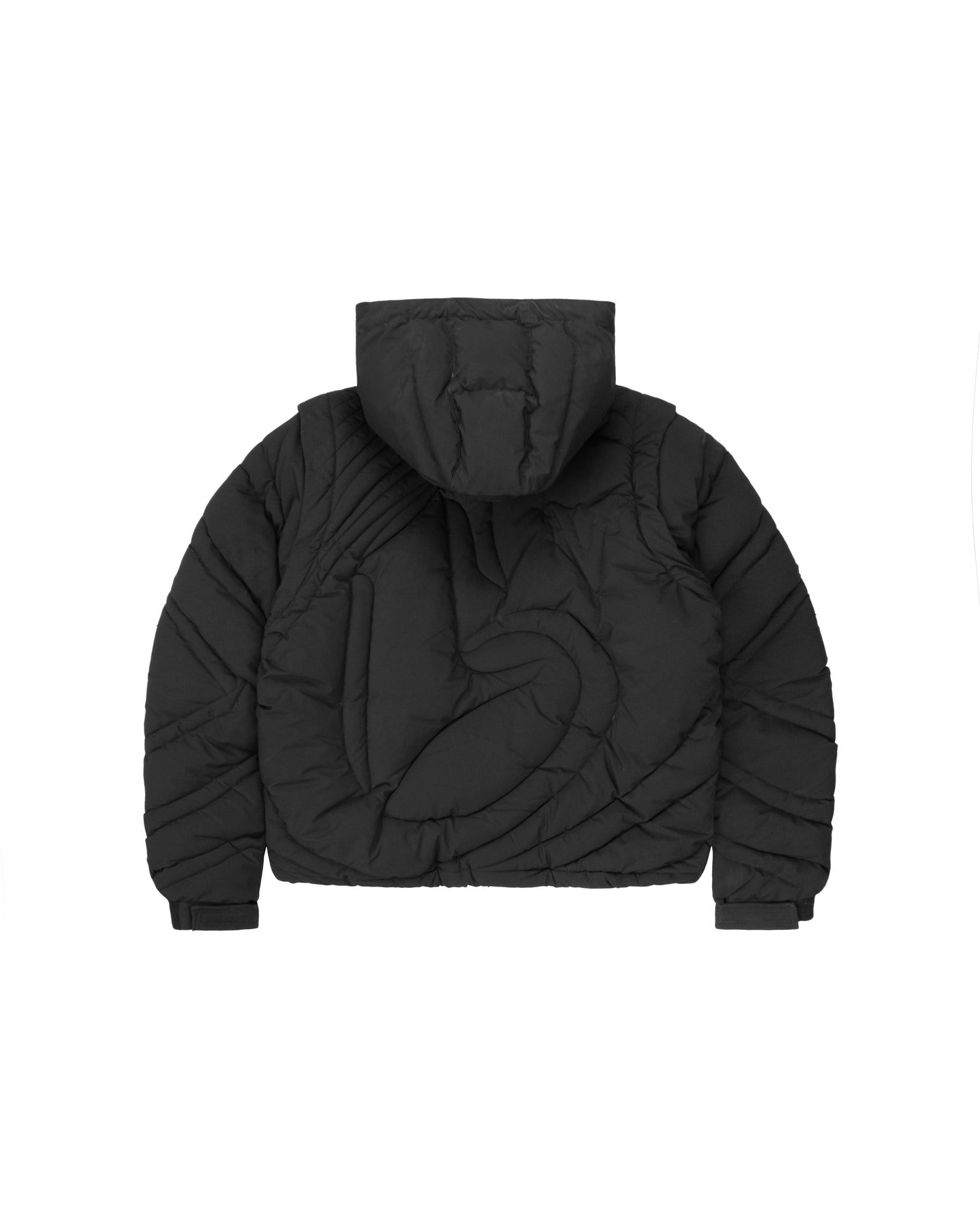 Back view of a black embossed puffer jacket showcasing a bold quilted pattern, detachable hood, and insulated design for cold-weather styling.