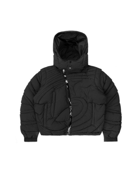 Front view of a black embossed puffer jacket featuring a detachable hood, asymmetrical zipper closure, and quilted design for a modern winter look.