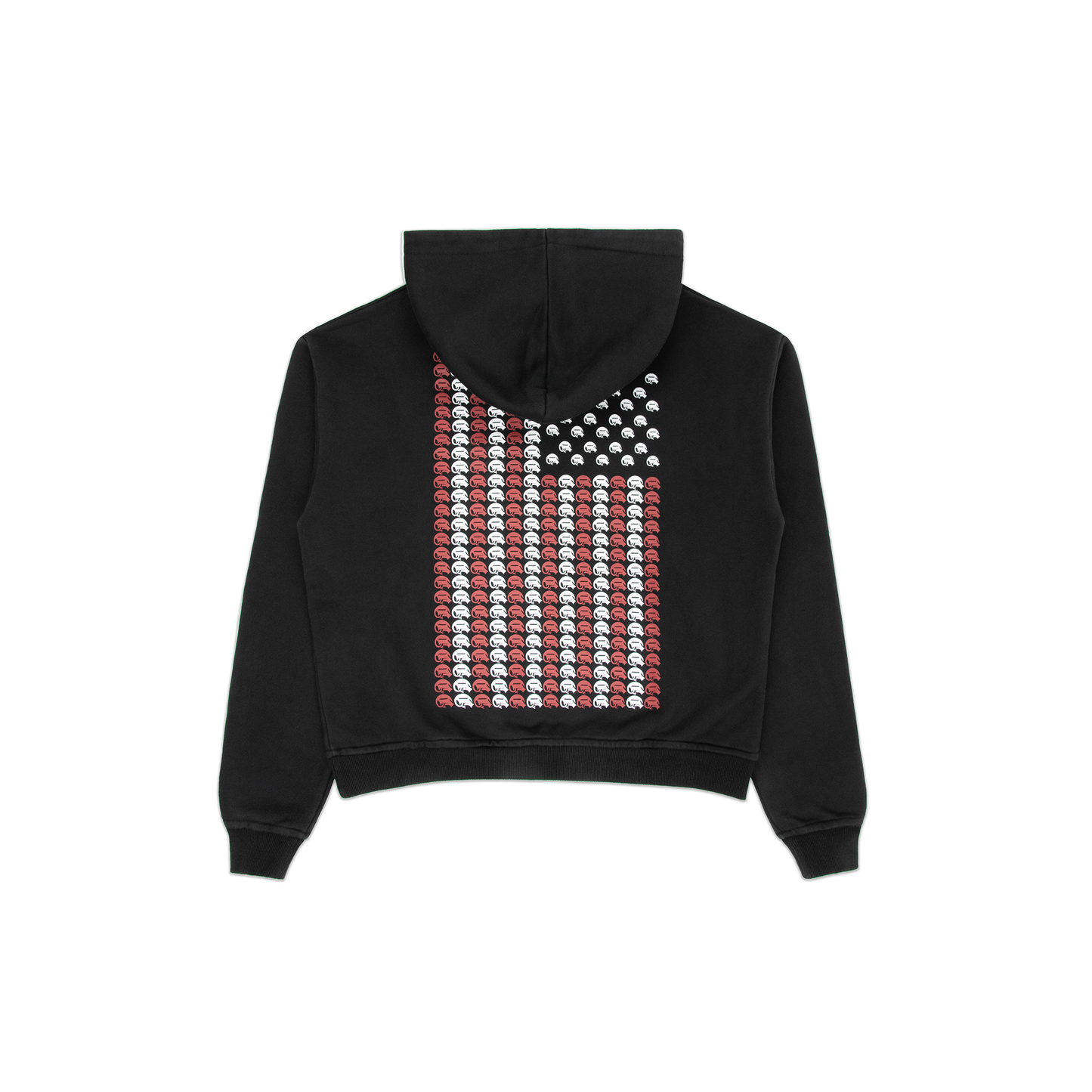 Back view of a black graphic hoodie showcasing a flag-inspired design made of red, white, and blue repeating Corvidae logos, adding a unique and edgy aesthetic.