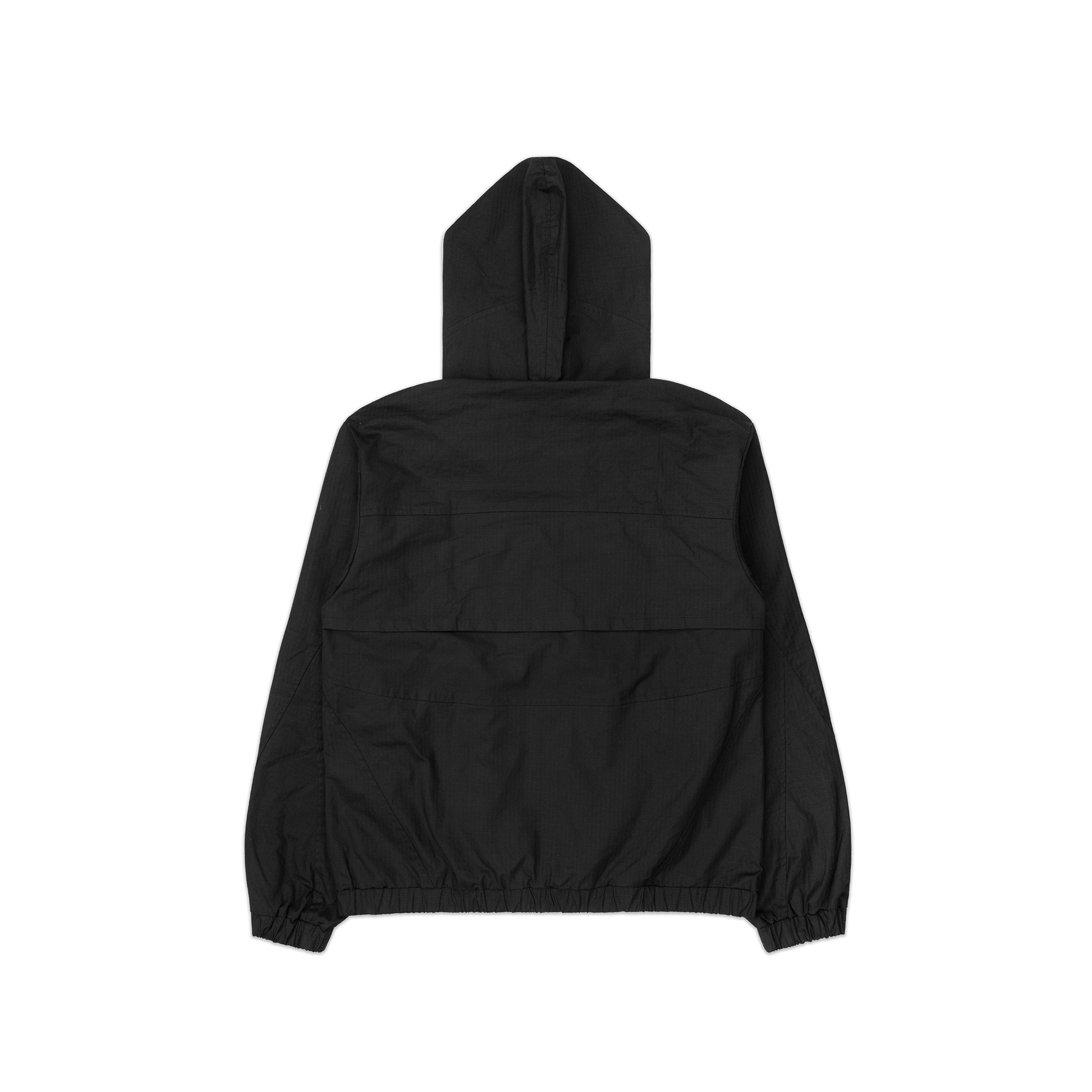 Back view of a black hooded windbreaker jacket showcasing a clean, minimal design with elastic hem and durable lightweight material.