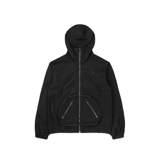 Black hooded windbreaker jacket with a front-facing view, featuring dual zippered pockets, elastic cuffs, and lightweight material for outdoor wear.