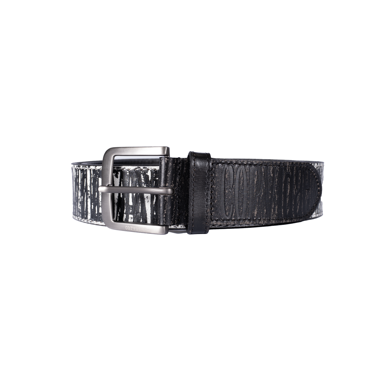 Black leather belt featuring an embossed design, a brushed metal buckle, and a modern textured finish, ideal for casual and formal styling.