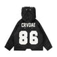 Back view of a black parka jacket featuring a faux fur-lined hood, bold white CRVDAE branding, and large 86 design, offering a modern winter style.