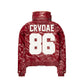 Back view of a burgundy faux leather jacket featuring bold white CRVDAE text and number 86 design, with a shiny finish and high-collar style.