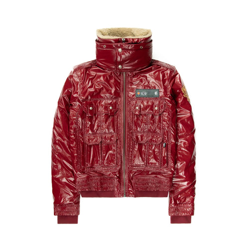 Burgundy faux leather jacket with a shearling-lined high collar, multiple front pockets, and a shiny finish, designed for stylish winter wear.