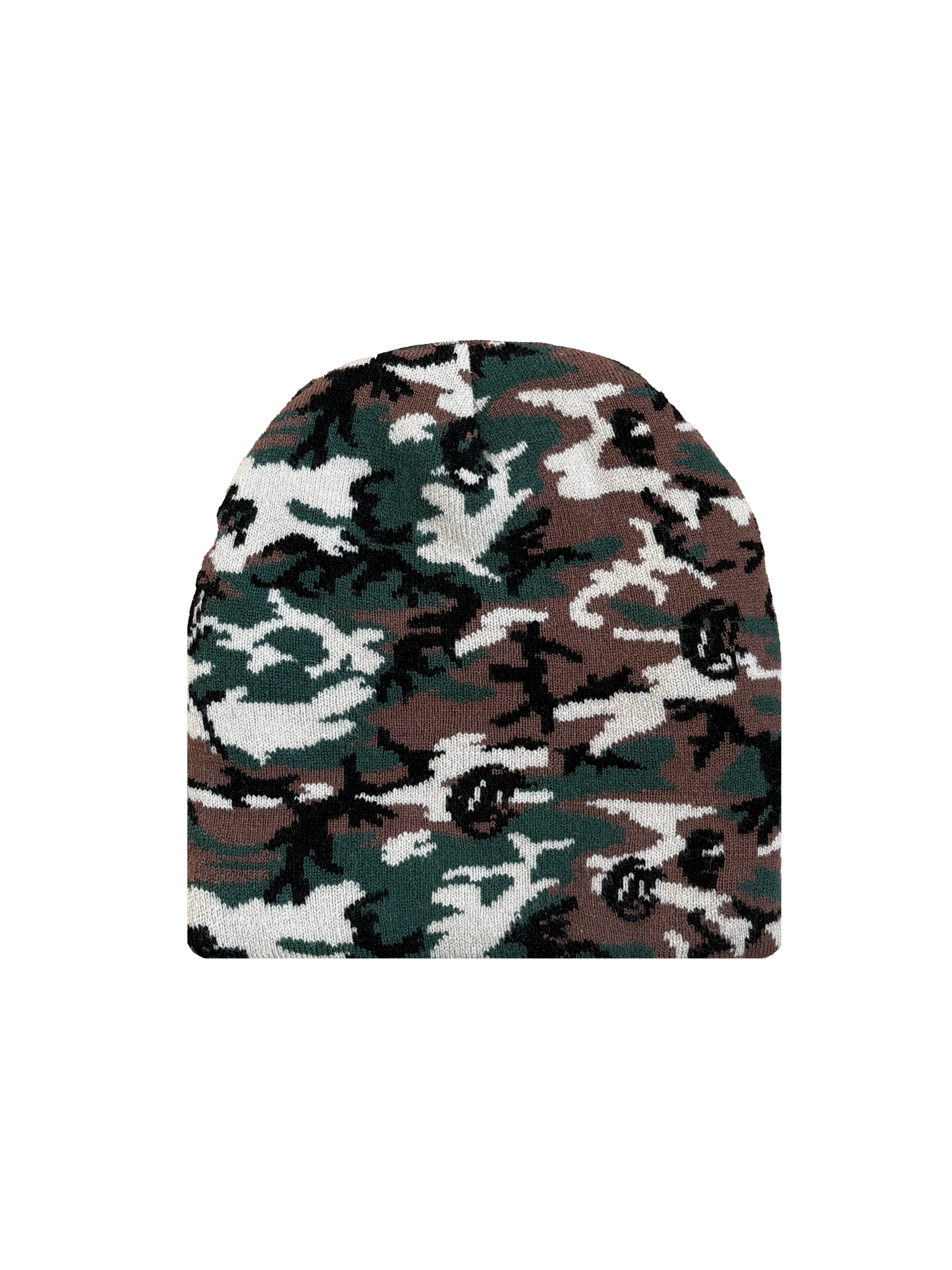 Camouflage knit beanie featuring a green, brown, and white woodland pattern with repeating Corvidae logos, designed for a stylish and functional accessory.