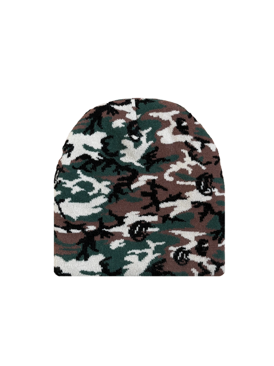 Camouflage knit beanie featuring a green, brown, and white woodland pattern with repeating Corvidae logos, designed for a stylish and functional accessory.