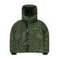 Front view of green embossed puffer jacket with a detachable hood, featuring a sleek quilted design and asymmetrical zipper closure.